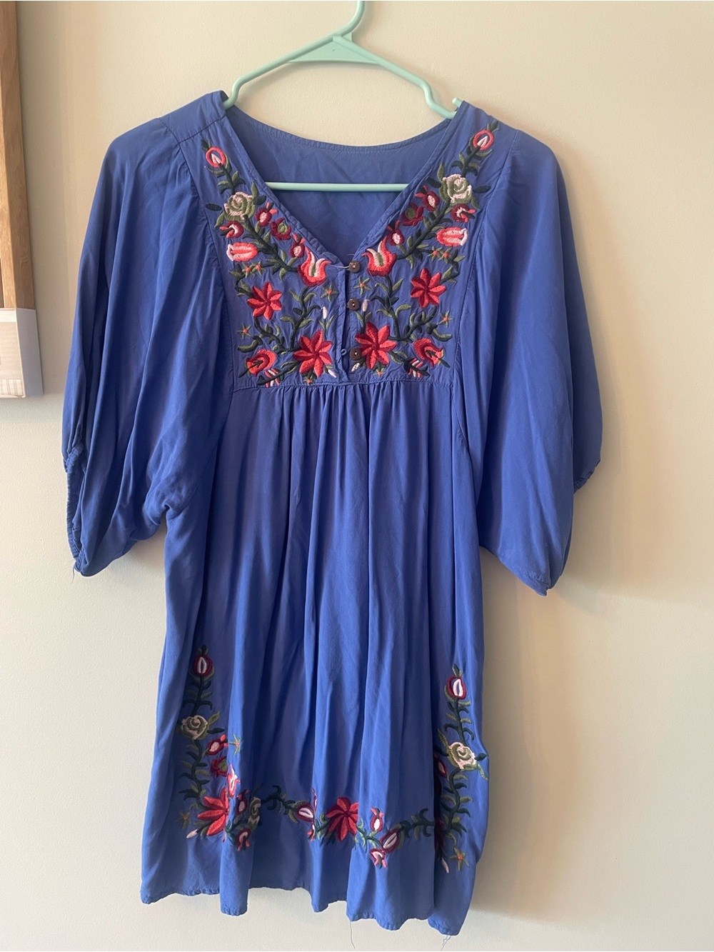 Blue Embroidered Floral Boho Mini Dress | Balloon Sleeves | Cottagecore | size S